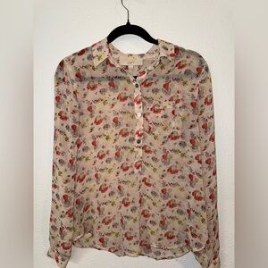 LOFT Cream Floral Blouse with Red Accents